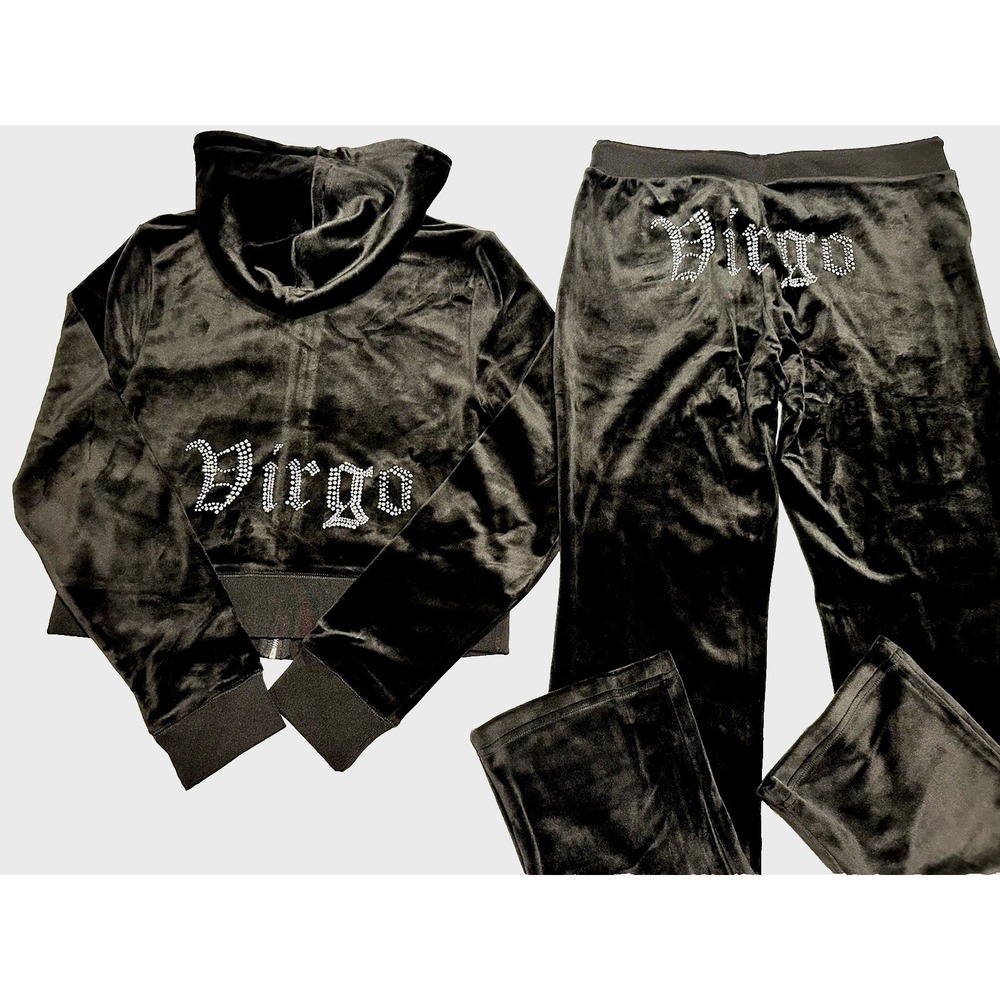 Juicy Couture Black Velour Tracksuit Virgo Rhinestone Hoodie Pants Set Large